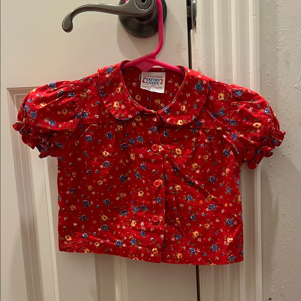 Cattan Candy Vintage Red Floral Kids Blouse Peter Pan Collar Puff Sleeves 6-9M